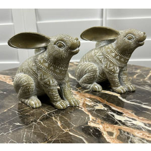 Pier 1 Feathered Easter Bunny Rabbits White Tan-Set of 2!